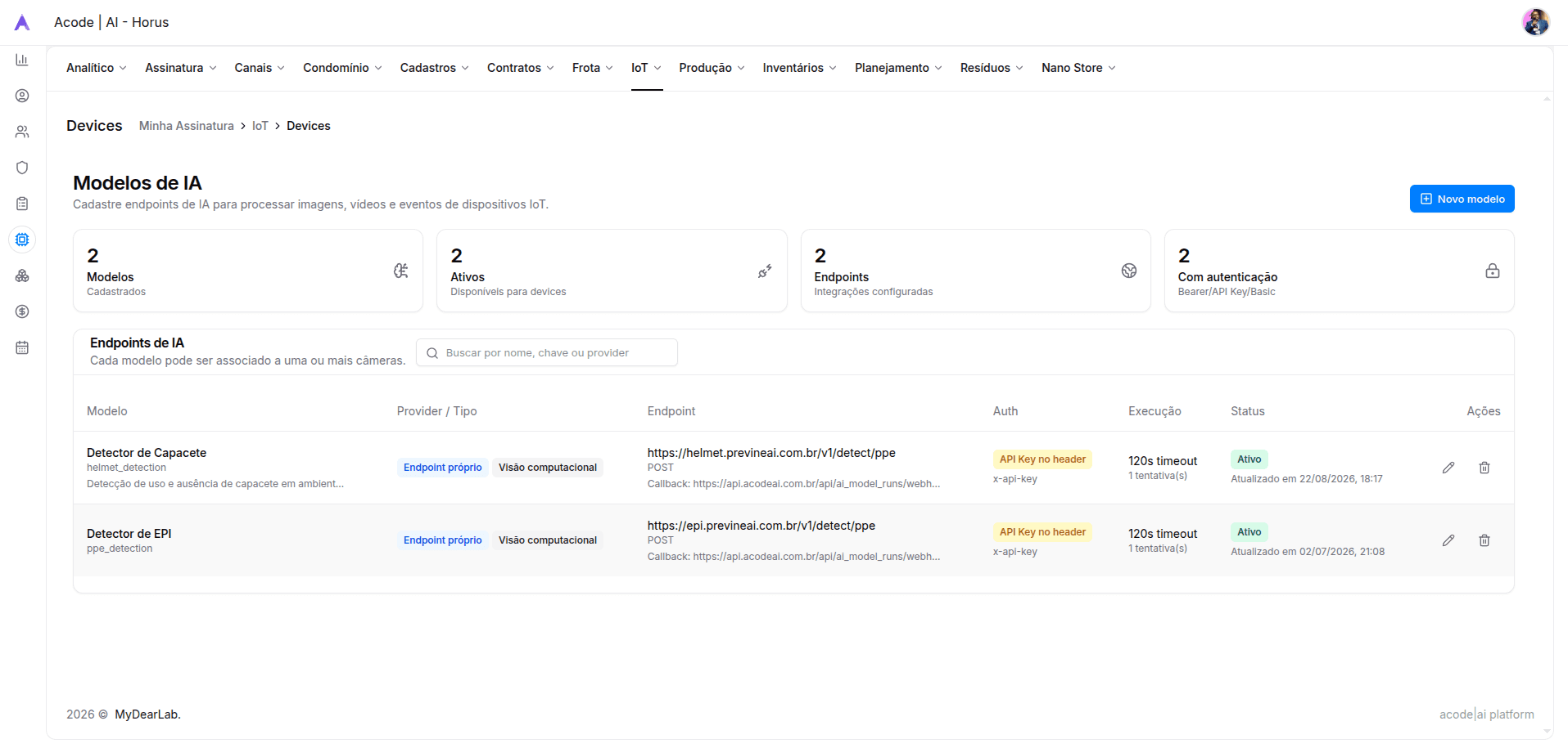 Tela Modelos de IA do AcodeAI mostrando dois modelos ativos de visão computacional e seus endpoints autenticados